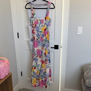 Zara Floral Midi Dress in Cream with Pink, Yellow & Blue
